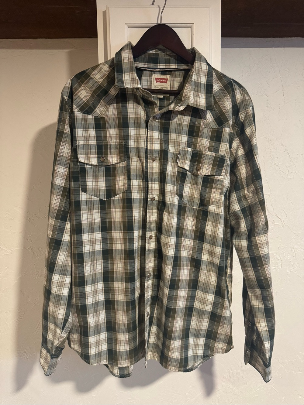 Levi's Men's Green Plaid Button-Down Shirt xl pearl snaps